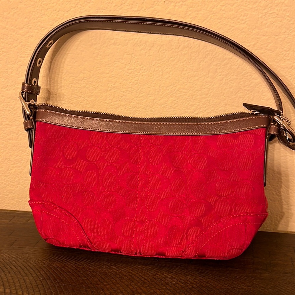 Coach signature red bag with brown leather strap